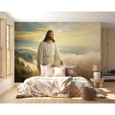Papier peint pacifique Jésus marchant au-dessus des nuages avec ciel coucher de soleil, murale 3D spirituelle inspirante pour salles de prière, chambres à coucher ou décor inspiré de la foi