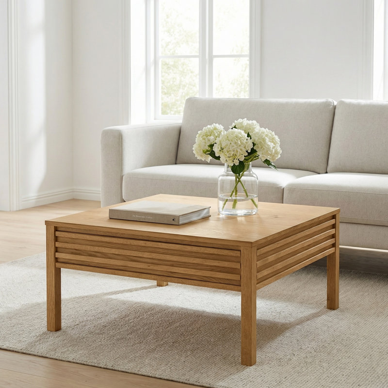 Charnay 32” Square Wood Coffee Table With Dual Drawers, Light Oak