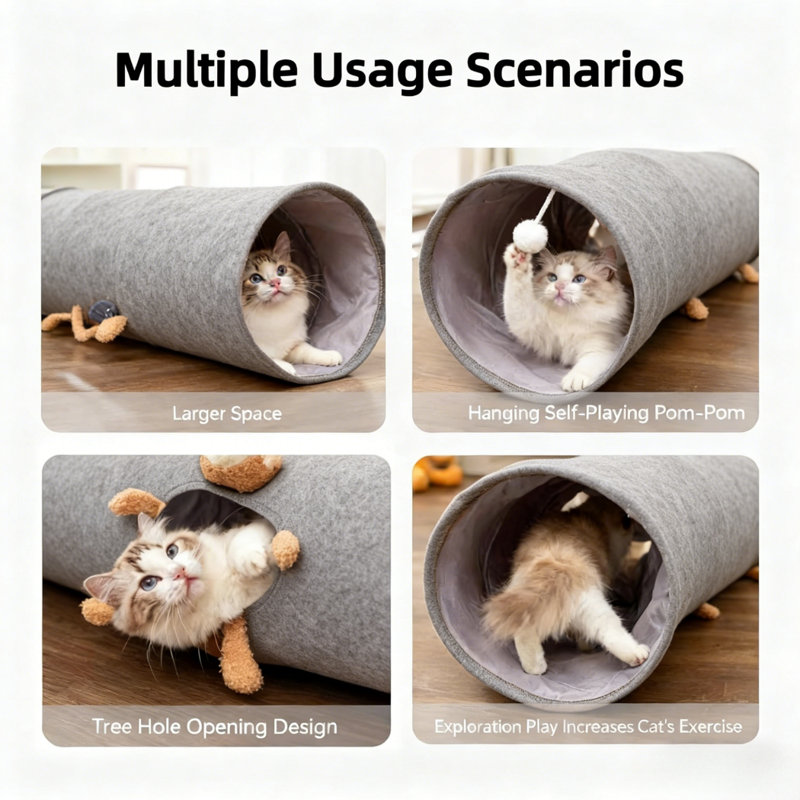 Lit tunnel pour chat pliable Cat Tunnel, Large 9.84" L x 47.24" W, Gris
