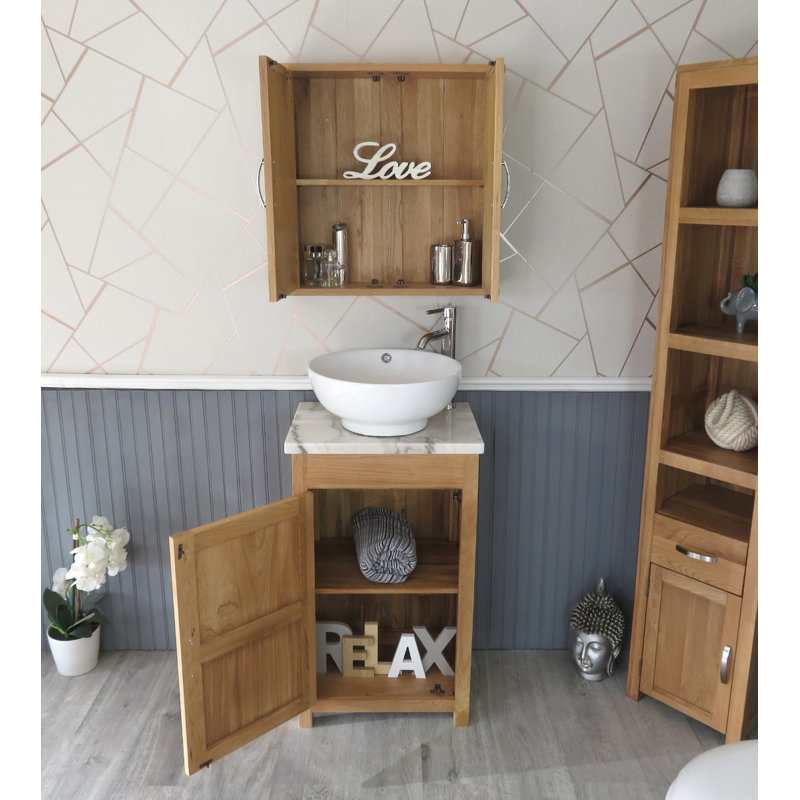 Slimline Compact 515mm Free-standing Cloakroom Vanity Unit, Oak, White Marble