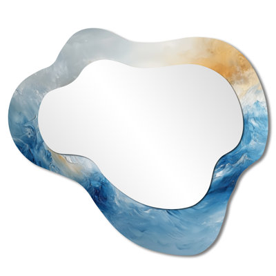 Dream Blue Coastal Waves Turbulence I - Minimalism Asymmetrical Wall Mirror, Modern Vanity Mirror, Printed on Metal