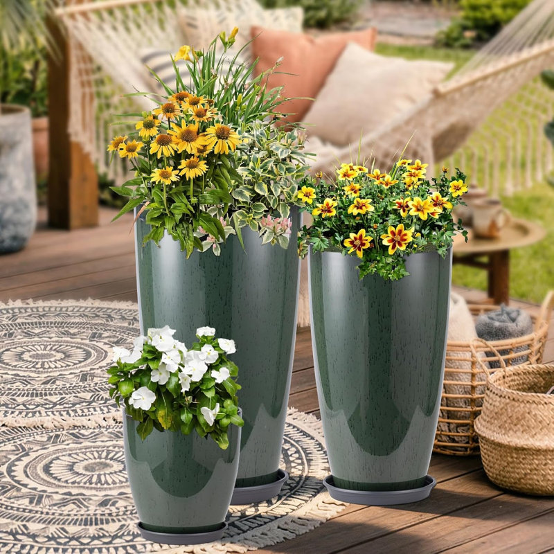 Aldan Set of 3 Green Planters - 24", 21", 10" | Indoor/Outdoor Plastic w/ Drainage & Saucers, Porcelain-Look for Home & Porch