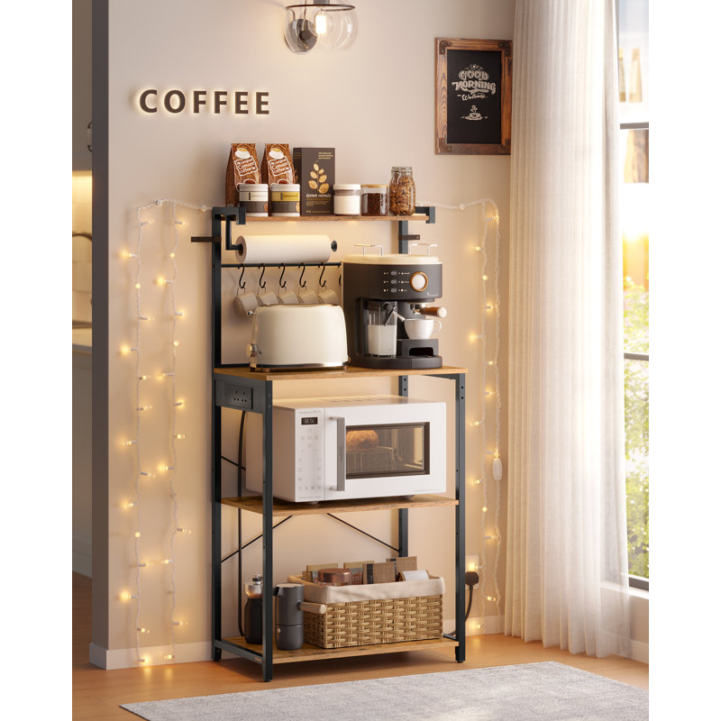 FORABAMB 10-Tier Bakers Rack With Power Outlet & LED Lights - Bamboo Kitchen Coffee Bar Storage Shelf