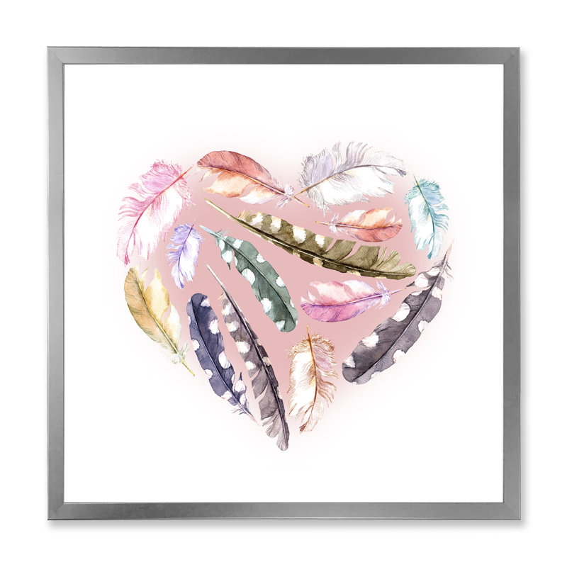 «Ethnic Feather Heart», impression sur toile encadrée, Encadrement argenté, H 30 po x l 30 po x P 1 po