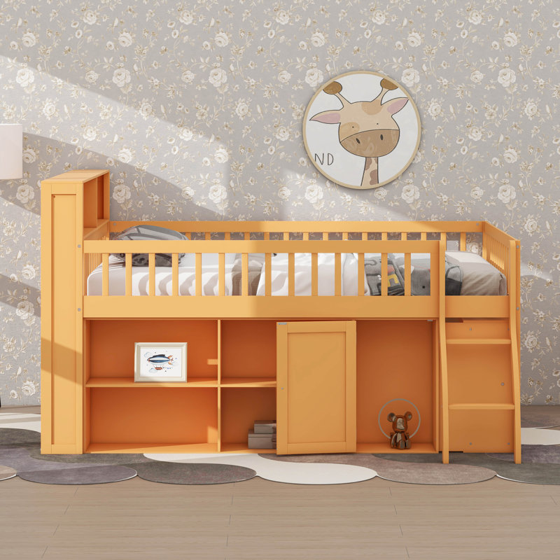 Lit mezzanine avec rangement et tête de lit à DEL, cadre de lit mezzanine en bois avec tablettes, Naturel, Grand