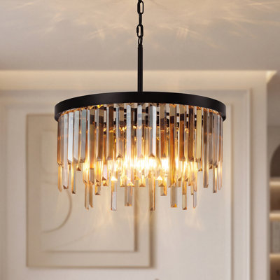 Modern 6-Light Chandelier with Amber Glass Prisms and Matte Black Frame