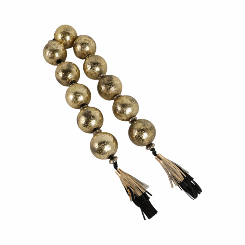 Decorative Glass Beads with Metal Accent and Leather Tassel for Home Decor - Elegant Garland for Table, Shelf, and Living Room Decoration - Gold