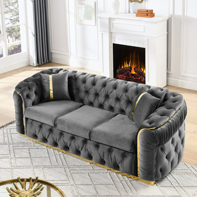 Gray Velvet Button 3 , 90.6 Inches Luxury With 2 Pillows And Gold Stainless Steel Details For Living Space , Including Accents Area