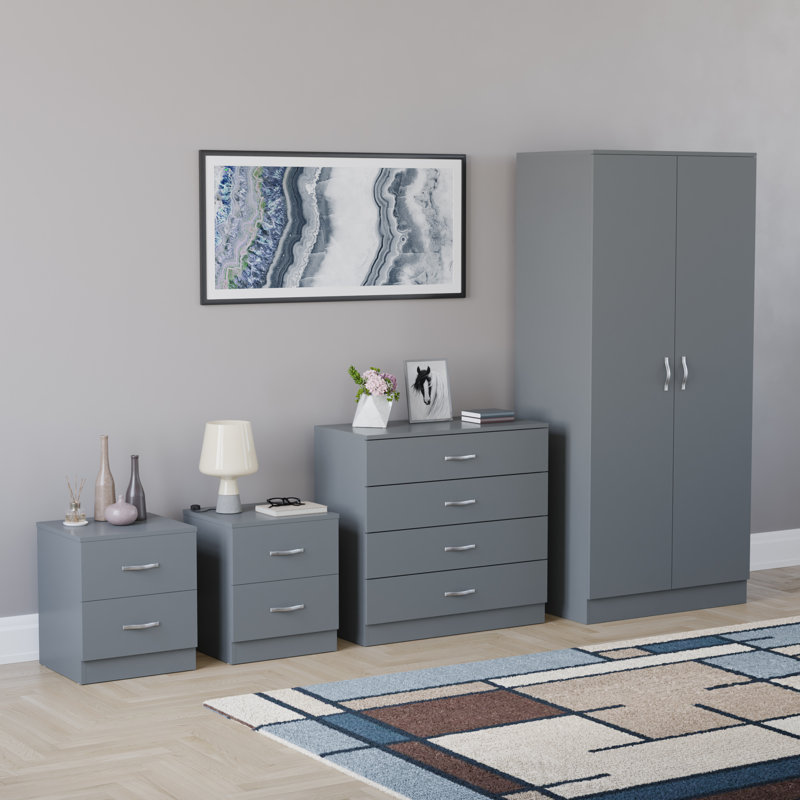 Tayce 4 Piece Bedroom Set (2 Drawer Bedside Cabinet X2, 4 Drawer Chest, 2 Door Wardrobe), Grey