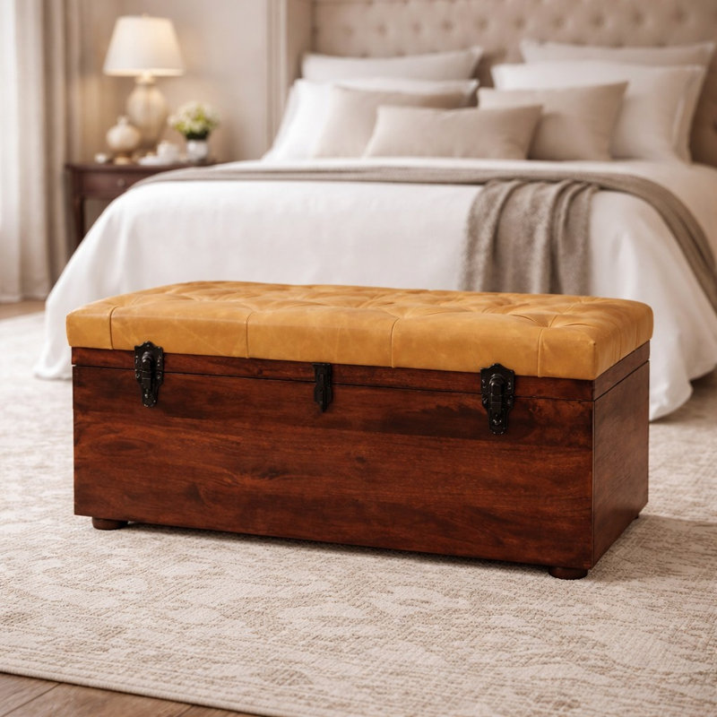 Walnut Storage Trunk Bench With Tan Leather