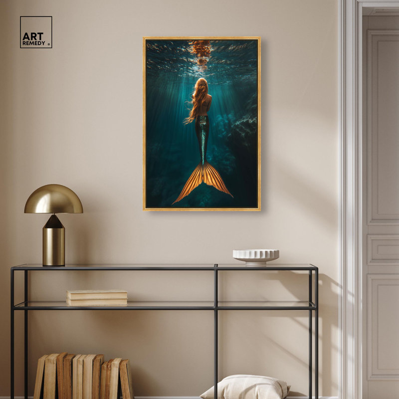 «Mermaid Day» par Art Remedy, H 31 po x l 21 po, Or, Cadre flottant