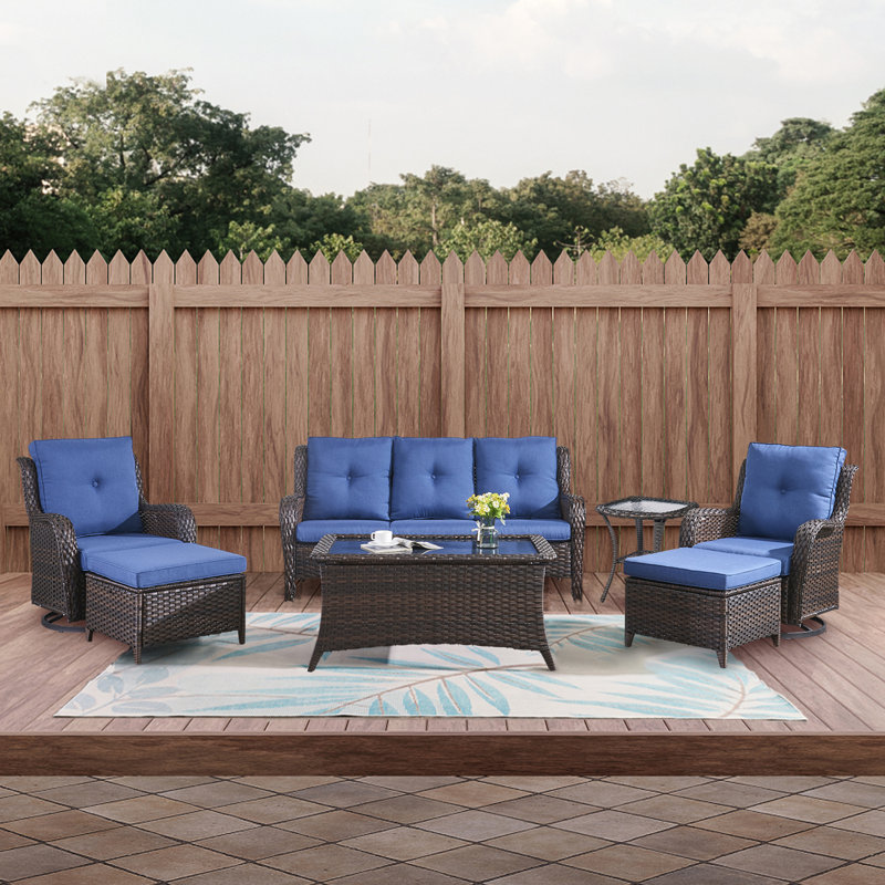 Bonia 7 Person Outdoor Wicker Rattan Patio Furniture Set with Sofa,Rocking Chairs,Ottomans And Table Set. (Set Of 7 Pieces)