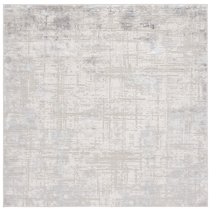Tapis en polyester / polypropylène tissé à la machine en ivoire / gris / gris foncé, Carré 6 pi 7 po