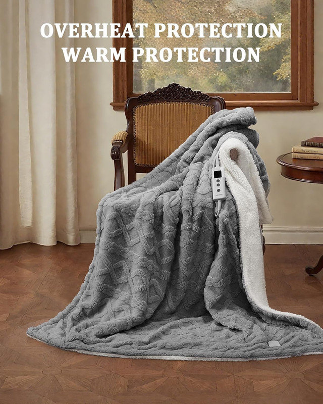 Jeté en sherpa épais et chauffant, 10 niveaux de chaleur et 10 réglages de temps, certifié ETL, Jeté, Gris