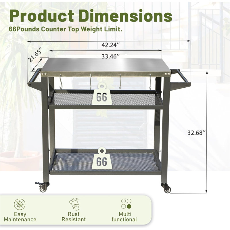 3-Shelf Outdoor Grill Table, Grill Cart with Wheels, Outdoor Pizza Oven and Food Prep Table,  Table with Stainless Steel Tabletop, Grill Stand for Blackstone Griddle for Outside BBQ