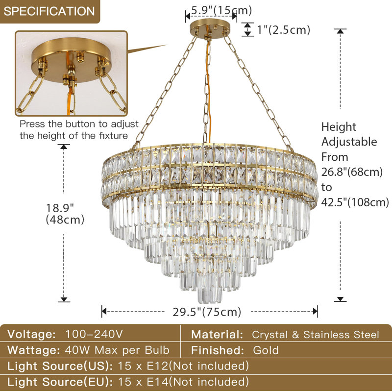 Lustre empire en cristal Imma, Doré, H 42,5 po x l 29,5 po x P 29,5 po