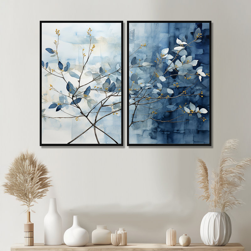 Bleu et gris sur une branche I - art mural bleu, Floater Framed Print without Mat, Black, 36" H x 48" W