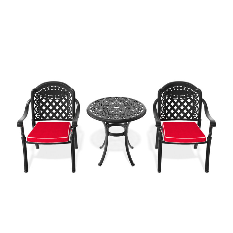 Cast Aluminum 3 Outdoor , Black Frame, Random Color Cushions For Cheerful Time, Stackable Chairs, Round Table With Umbrella Hole Patio Furniture Black, Outdoor, Protected, Socket