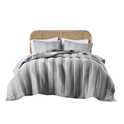 3 Pcs King/ King Gauze Quilt In Gray, Filled, Channel With Crinkle Effect, , - , Machine Washable Bedding , Labeled