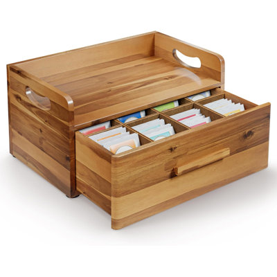 Boîte à thé en bois d'acacia avec tiroir, en bois d'acacia massif, pouvant contenir jusqu'à 100 sachets de thé, antidérapante, poignées minimalistes à ouverture en douceur.