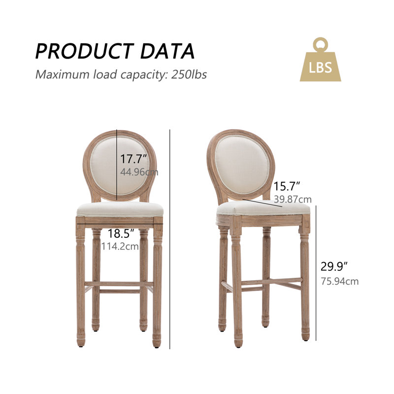 Vintage Style Upholstered Bar Stools with Round Back, Light Wood Frame Counter Height Chairs for Farmhouse Kitchen & Home Decor（Beige）（Set of 2）