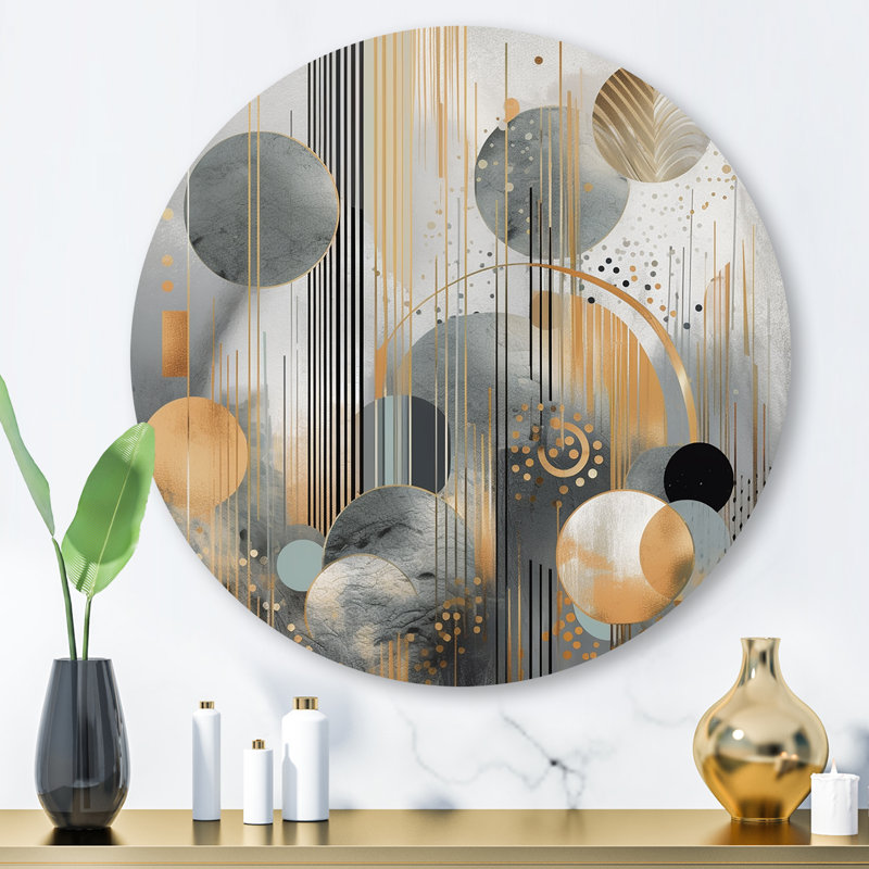 «Abstract Shapes And Lines II», art mural rond en marbre abstrait sur métal, H 29 po x l 29 po x P 1 po