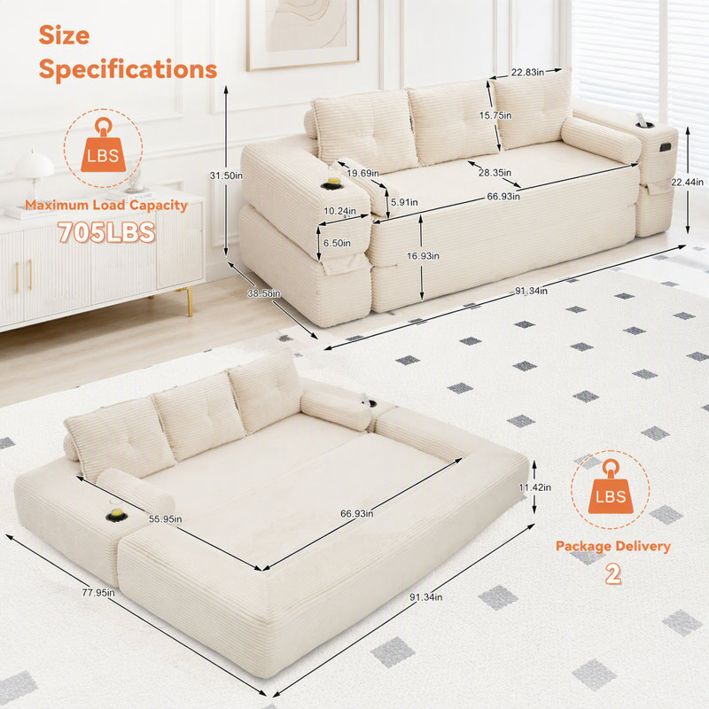 Canapé-lit convertible compact à trois sièges au design minimaliste, futon avec siège-lit désossé, canapé de plancher en velours côtelé doux, appuis-tête réglables et mobiles, soutien dorsal épais