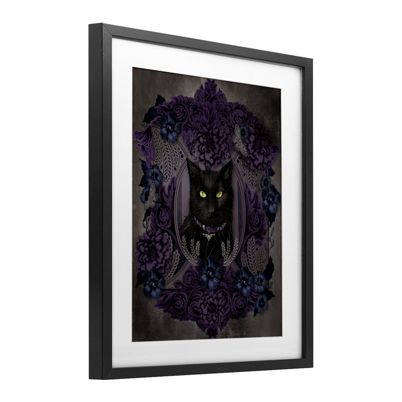 «Black Cat with Gothic Florals», reproduction encadrée sous verre, design par Lori Mosley, Cadre noir minuit