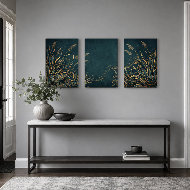 Ensemble de 3 toiles tendues or et agave sur fond bleu sarcelle, H 24 po x l 16 po x 3 pièces