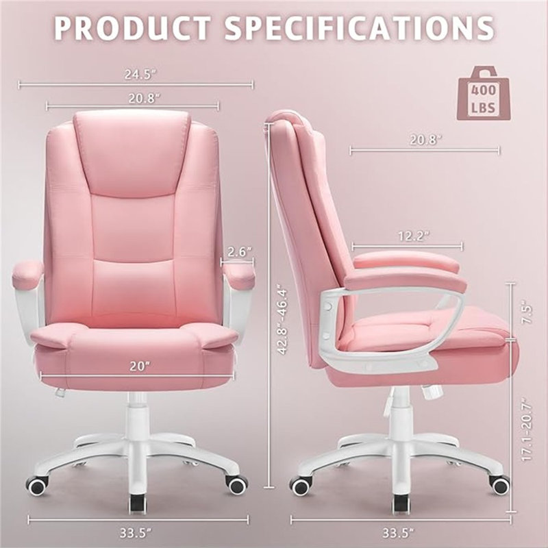 Fauteuil de bureau rose LEMBERI, fauteuil de direction grand et grand, fauteuil d'ordinateur à haut dossier, fauteuils ergonomiques en cuir polyuréthane à hauteur réglable avec accoudoirs coussinés pour une utilisation prolongée