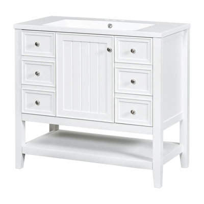 Ensemble de meuble-lavabo 36 po avec lavabo, une armoire et trois tiroirs, bois massif et panneau de fibres à densité moyenne