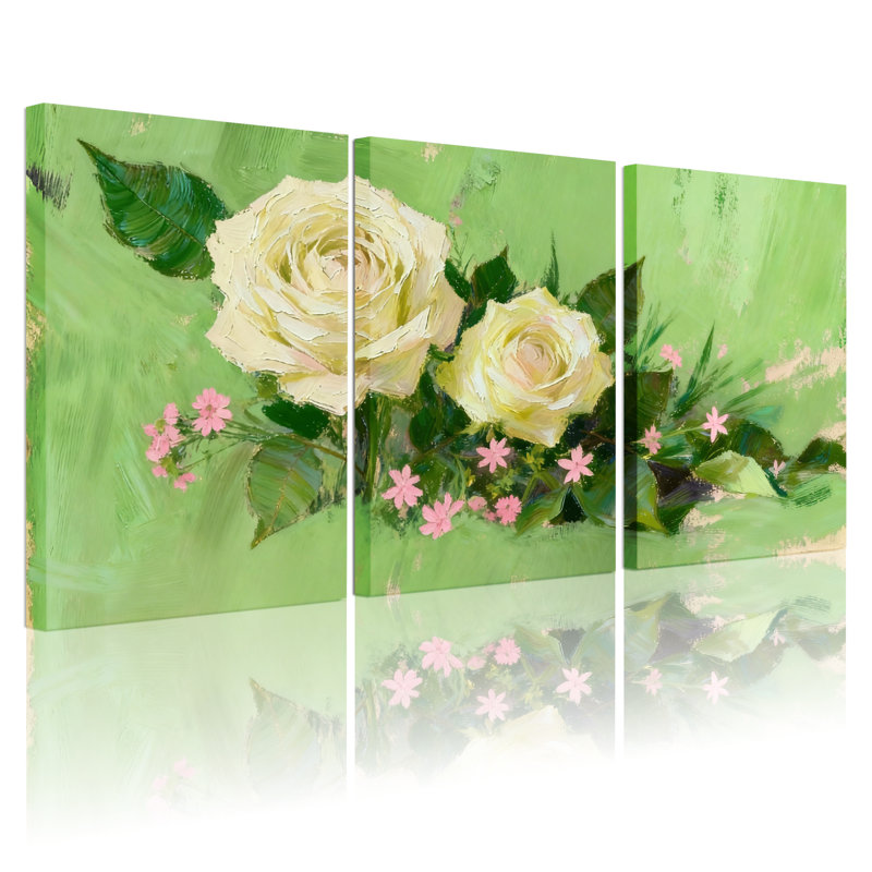 Ensemble de 3 reproductions d'art sur toile, roses et roses blanches sur fond vert, H 18 po x l 36 po