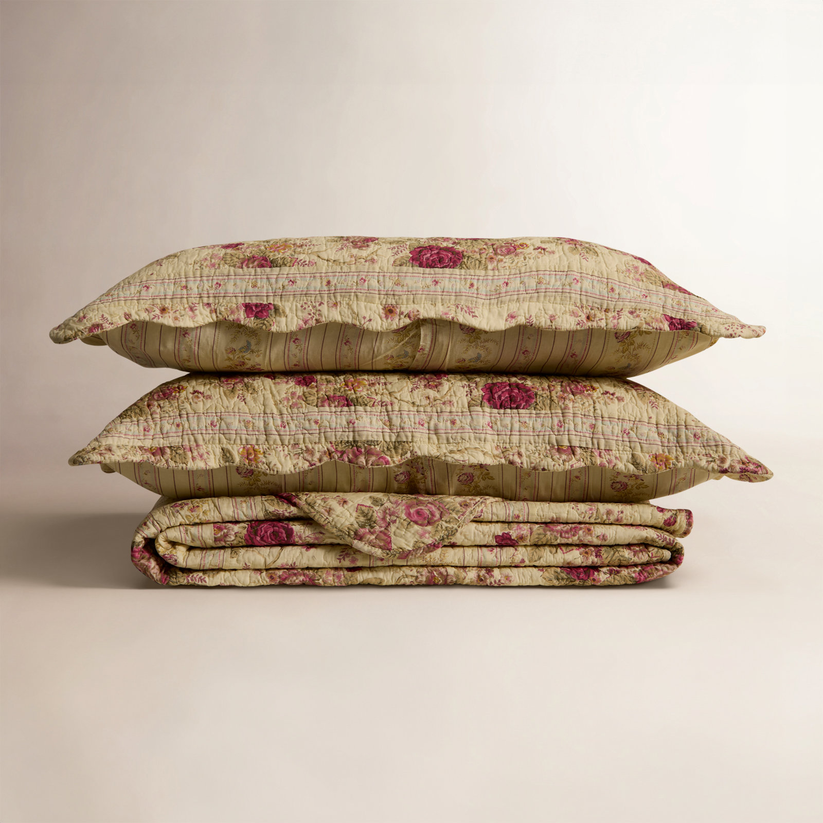 Antique Rose Cotton Quilt Set, Jumbo King Set Quilt + 2 King Shams, Ecru