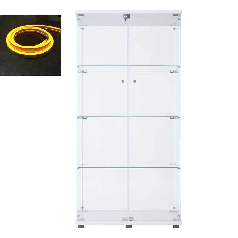 Vitrine à DEL avec porte vitrée à deux portes avec 4 tablettes, blanc