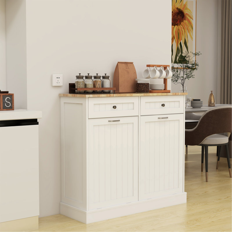 Armoire poubelle de cuisine à deux tiroirs et deux compartiments basculants - blanc