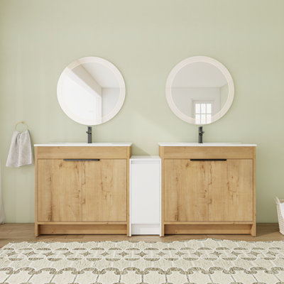Meuble-lavabo double autoportant 84 po avec 5 portes, comptoir en céramique et armoire de rangement 84 po
