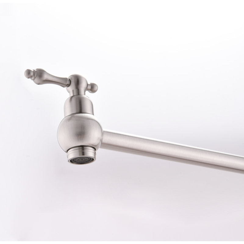 Brushed Nickel Wall Mounted Pot Filler Faucet, Arm Enhances Usability And Convenience, Double Handles Control Water Flow Accurately, To Corrosion Fingerprint Marks In Nickel, Facilitates Quick Easy