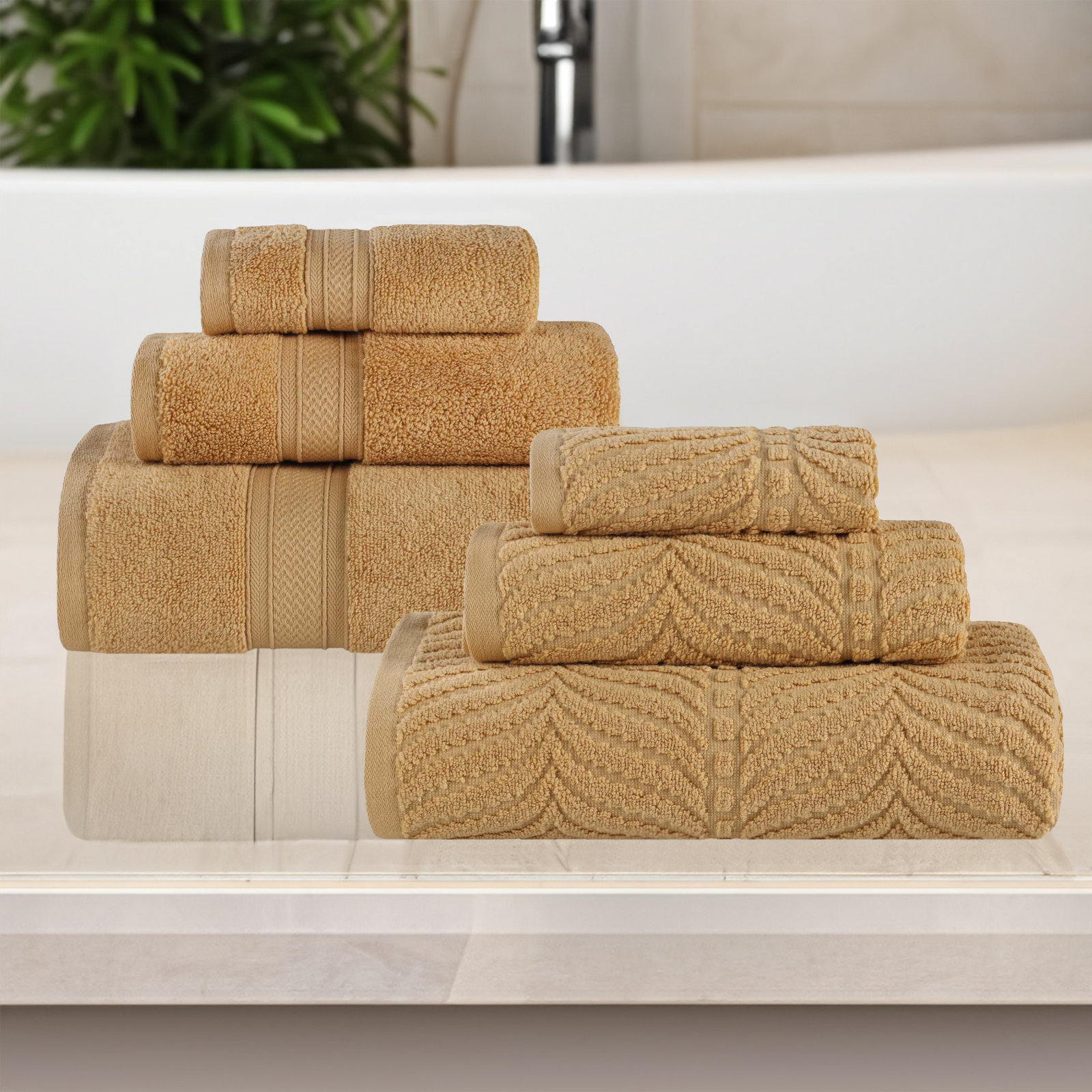 Amaretto Chevron Zero Twist Solid and Jacquard Cotton 6 Piece Bathroom Towel Set, Yellow Gold