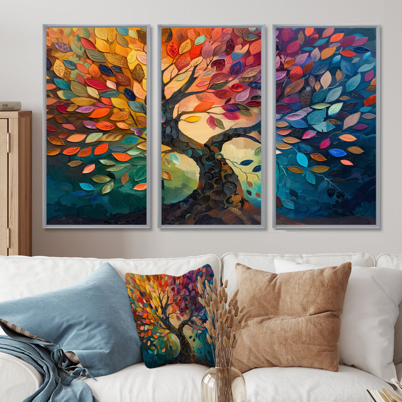 Yacine - Arbre de vie, ensemble de décorations murales en toile, Toile argentée avec cadre flottant