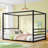 Queen Size Black Metal Floor Bed Frame with Fence Guardrails, Low Platform Modern Bed with Canopy Frame