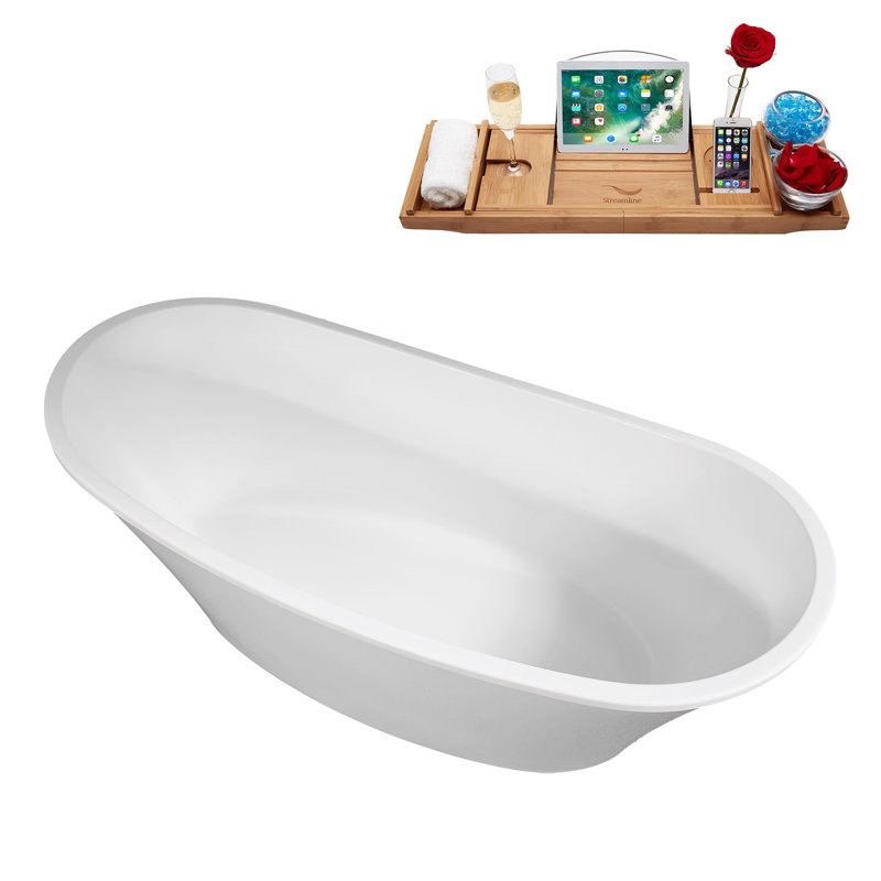 63" Streamline Soaking Freestanding Tub and Tray With Internal Drain, Matte Black