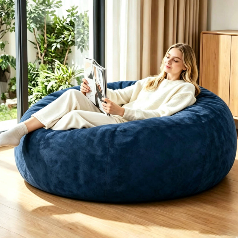Grand fauteuil à billes de 5 pi avec fauteuil à billes rembourré en mousse à mémoire de forme et confortable, Velours bleu