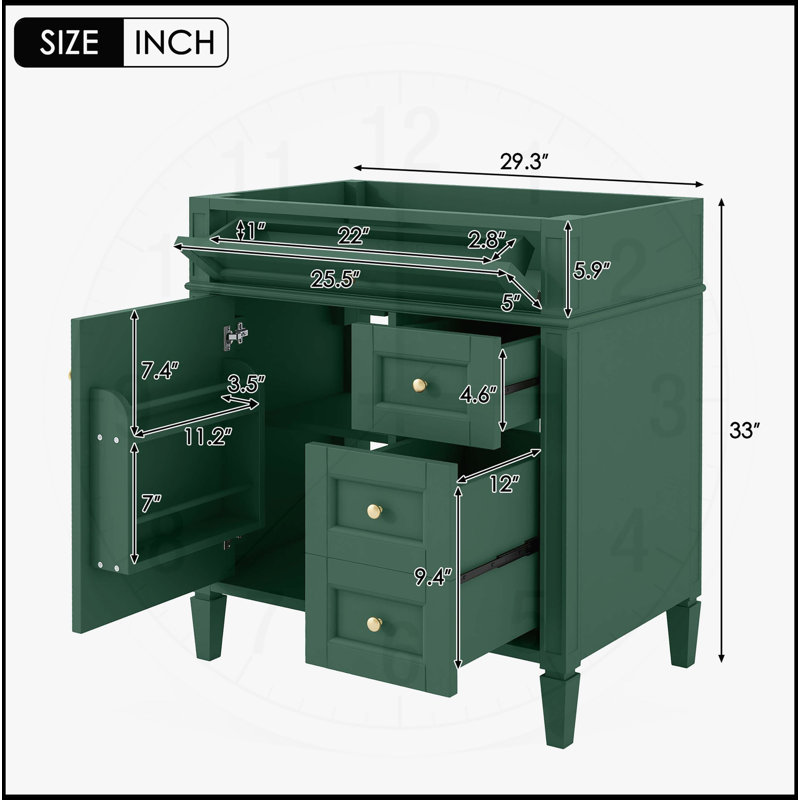 Bathroom Vanity without Top Sink, Green, 33" H x 29.3" W x 17.87" D