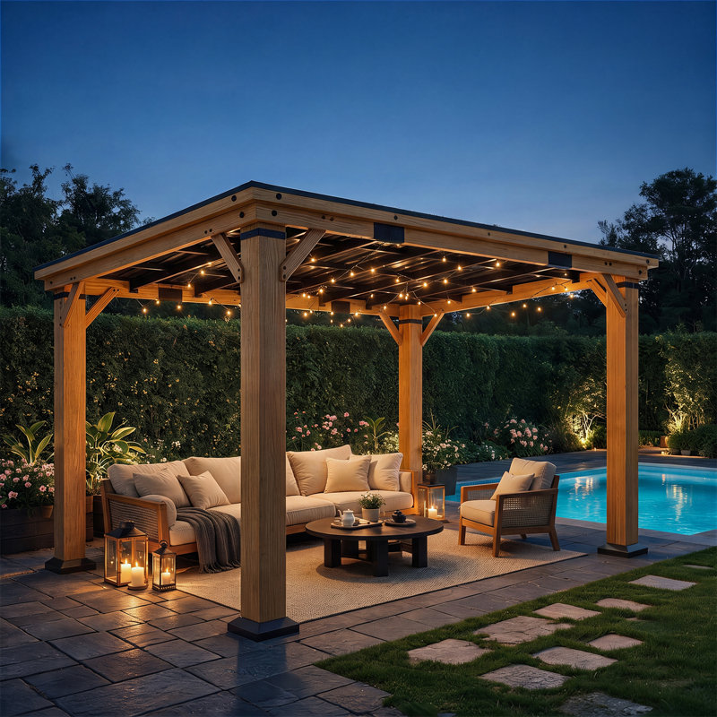 Gazebo de jardin robuste en bois de cèdre de 3,65 m x 3 m avec toit en acier galvanisé, idéal pour terrasse, jardin et piscine.