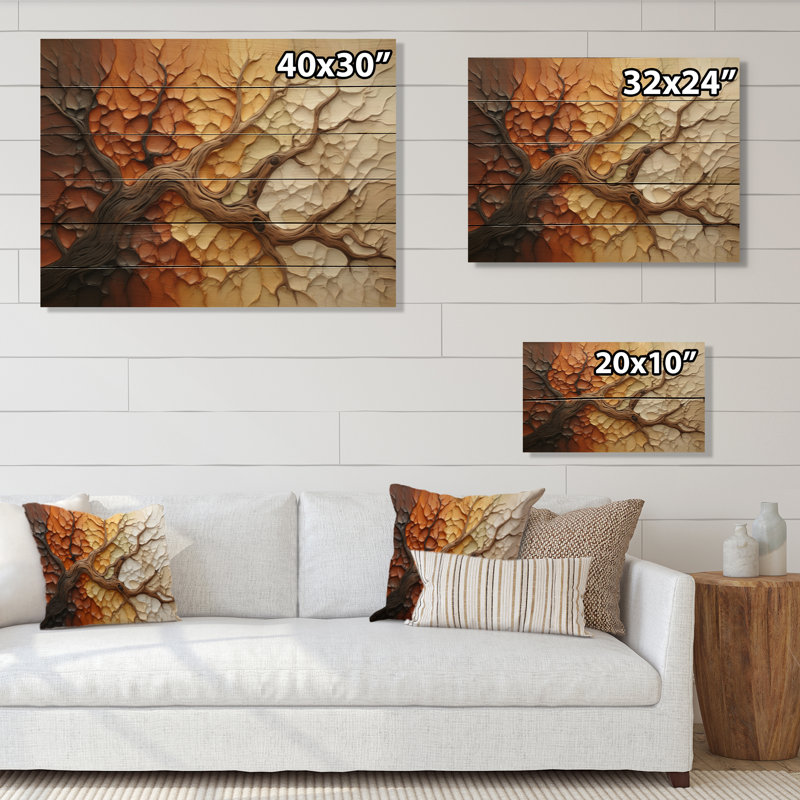 Janmichael, brun, beige, séquoia abstrait, collage sur bois, H 30 po x l 40 po x P 0,78 po