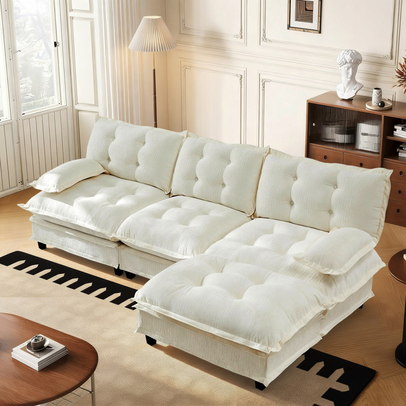 107.8" Chenille Modular Sectional Cloud Couch With Ottoman, Beige Chenille