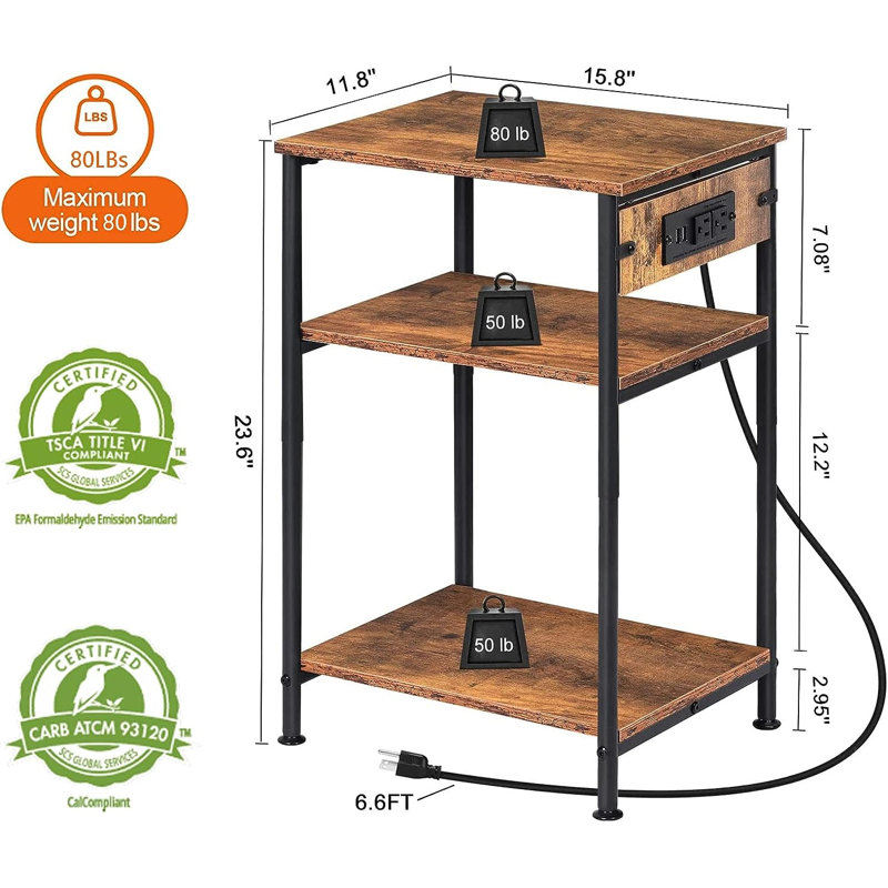 Allouette End Table and Built-In Outlets, Brown