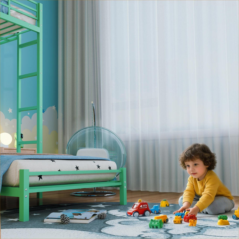 Lit superposé simple en forme de L avec poste de travail, lit superposé vert sauge avec échelle et rangement pour les adolescents