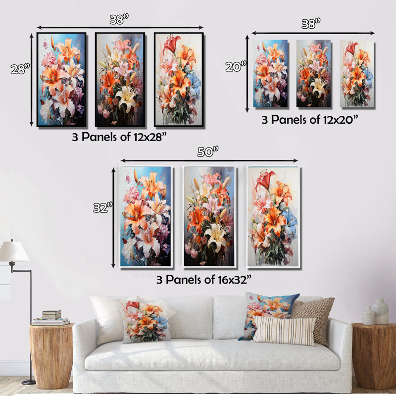 «Lilies Représentation multicolore acrylique III», 3 pièces sur toile, Cadre flottant noir, H 32 po x l 48 po
