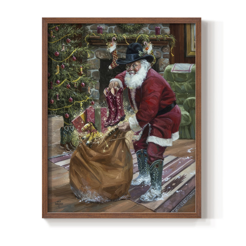 «New bottes for Christmas», reproduction encadrée - bois massif, H 15 po x l 12 po, Noyer